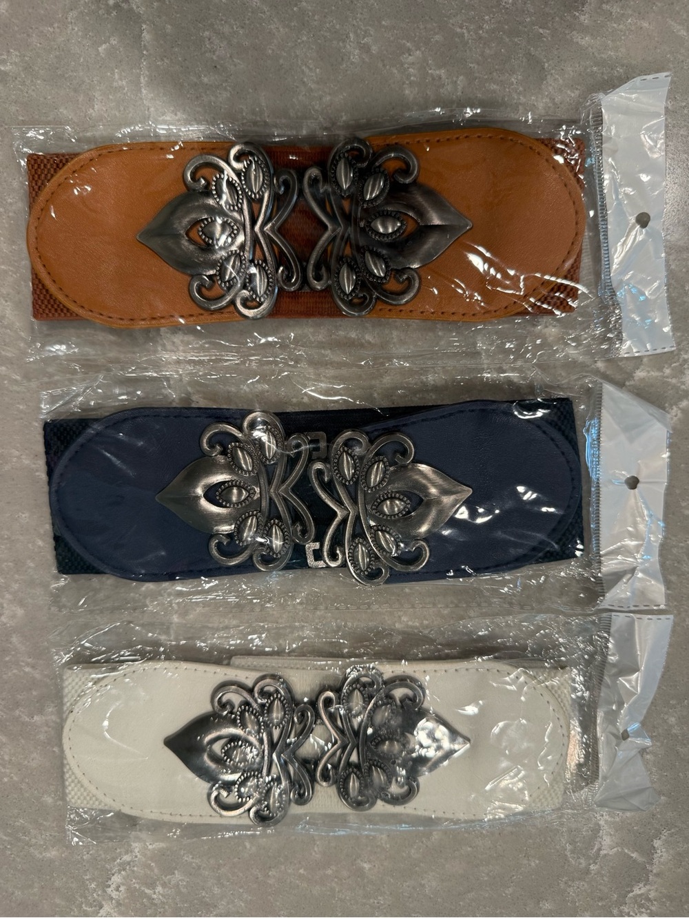 Women’s Stretch Waist Belt Bundle 3 Pc Brown Black Ivory Boho Western Small